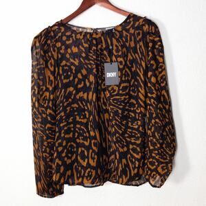 NEW DKNY Women’s Top Large Modern Office Glam Leopard Sheer Metallic Puff Sleeve